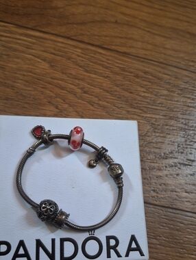 Pandora 925 Silver Bracelet with Pink Floral Murano Charm